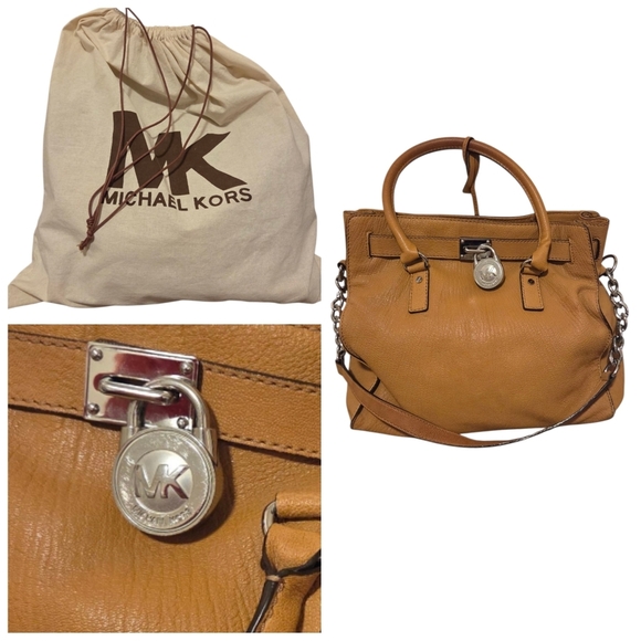 Michael Kors Hamilton Leather Satchel Crossbody Purse Bag Tan Brown Dust Cover - Picture 2 of 15